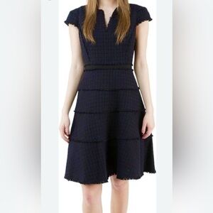 Rebecca Taylor Texture Navy Black Tweed Fringe Hem Designer Fall Dress 0 XS $475
